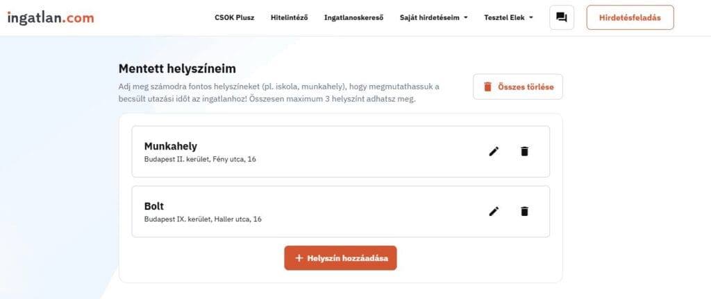 Képernyőkép a Mentett helyszíneim aloldalról. A felhasználók három, számukra fontos helyszínt adhatnak meg, amivel az utazási idő kalkulátor számol.