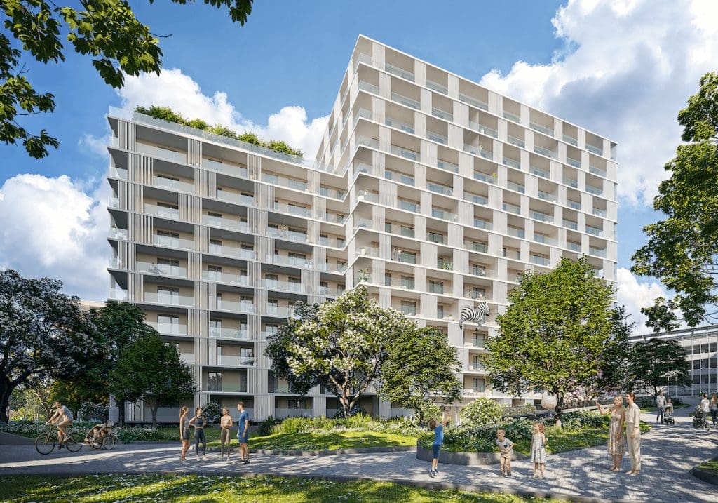 A Marina City negyedik ütemének látványterve. A lakópark épülete előtti zöld téren gyerekek játszanak.